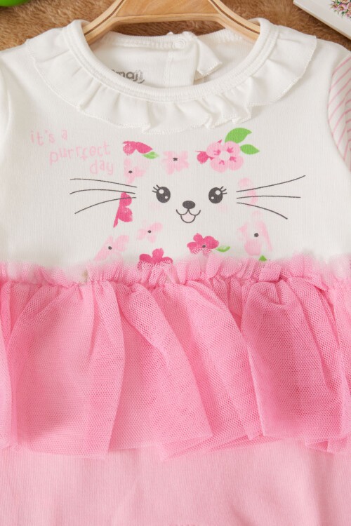 Çiçek Baskılı Tüllü Kız Bebek Şapkalı Tulum Takımı 17510