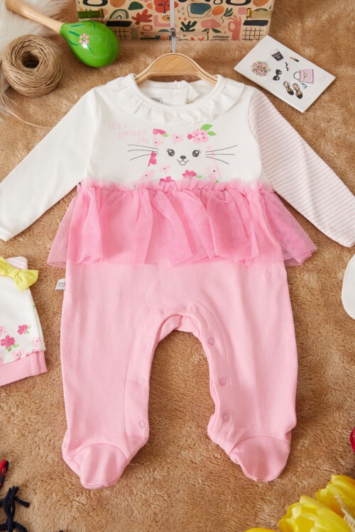 Çiçek Baskılı Tüllü Kız Bebek Şapkalı Tulum Takımı 17510