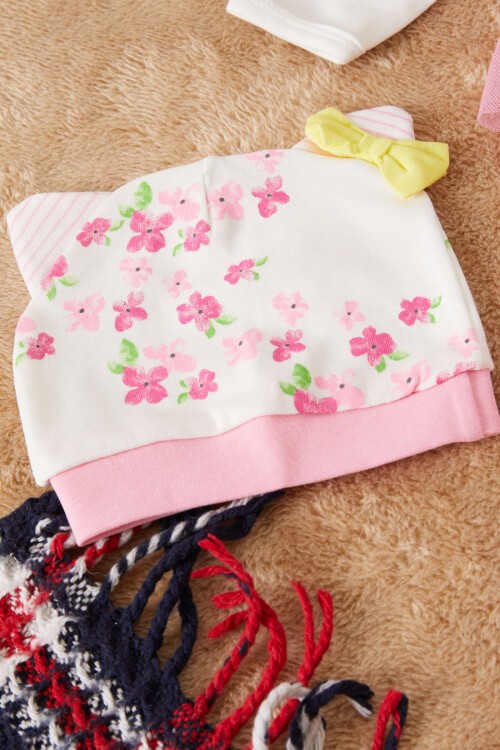 Çiçek Baskılı Tüllü Kız Bebek Şapkalı Tulum Takımı 17510