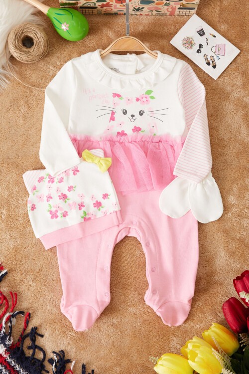 Çiçek Baskılı Tüllü Kız Bebek Şapkalı Tulum Takımı 17510