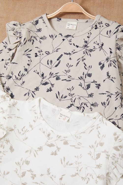 Çiçek Desenli Volan Detaylı 2li Kız Çocuk Badi Ekru-Krem 17618