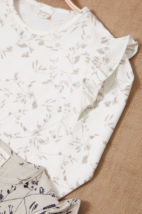 Çiçek Desenli Volan Detaylı 2li Kız Çocuk Badi Ekru-Krem 17618