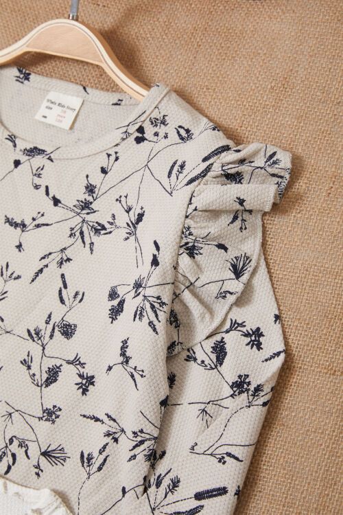 Çiçek Desenli Volan Detaylı 2li Kız Çocuk Badi Ekru-Krem 17618