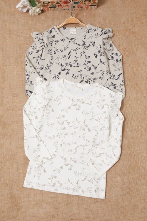 Çiçek Desenli Volan Detaylı 2li Kız Çocuk Badi Ekru-Krem 17618