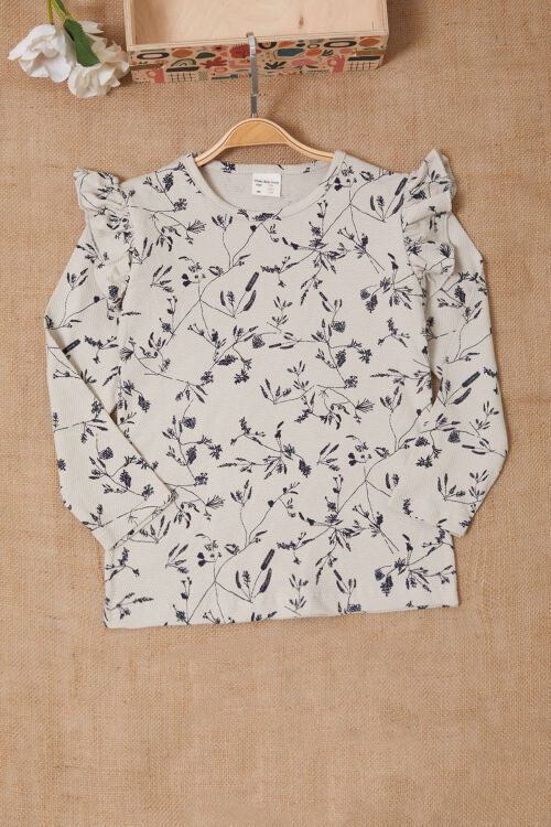 Çiçek Desenli Volan Detaylı 2li Kız Çocuk Badi Ekru-Krem 17618