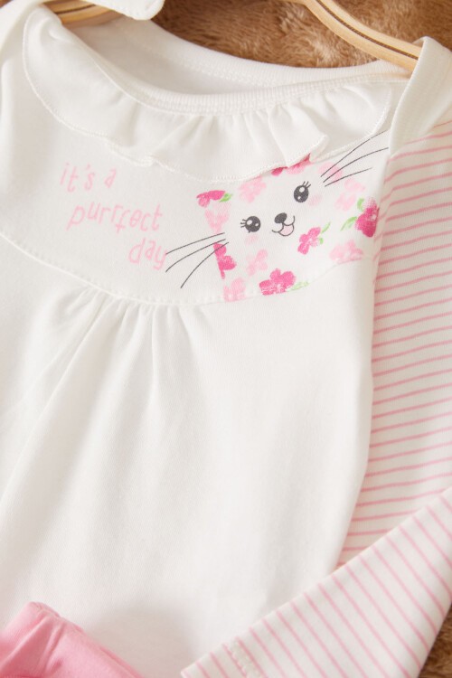 Ekru Çiçek Desenli Kedili Kız Bebek Çıtçıtlı Badili 3lü Takım 17454