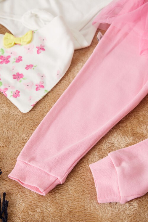 Ekru Çiçek Desenli Kedili Kız Bebek Çıtçıtlı Badili 3lü Takım 17454