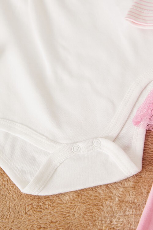 Ekru Çiçek Desenli Kedili Kız Bebek Çıtçıtlı Badili 3lü Takım 17454