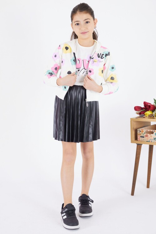 Ekru Deri Etekli Kapüşonlu Hırkalı 3lü Kız Takım 17474