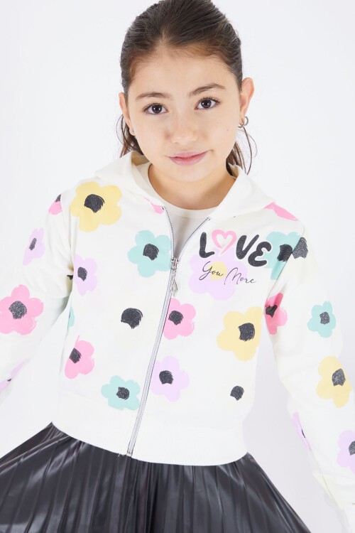 Ekru Deri Etekli Kapüşonlu Hırkalı 3lü Kız Takım 17474