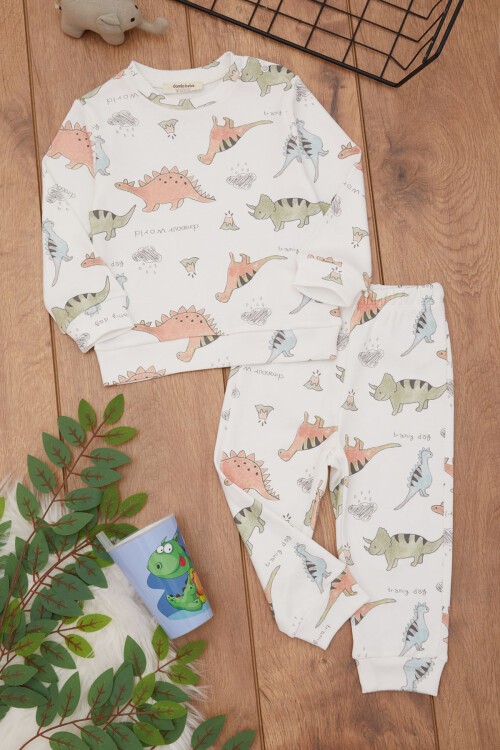 Ekru Dinozor Baskılı Erkek Bebek Eşofman Takımı 17456