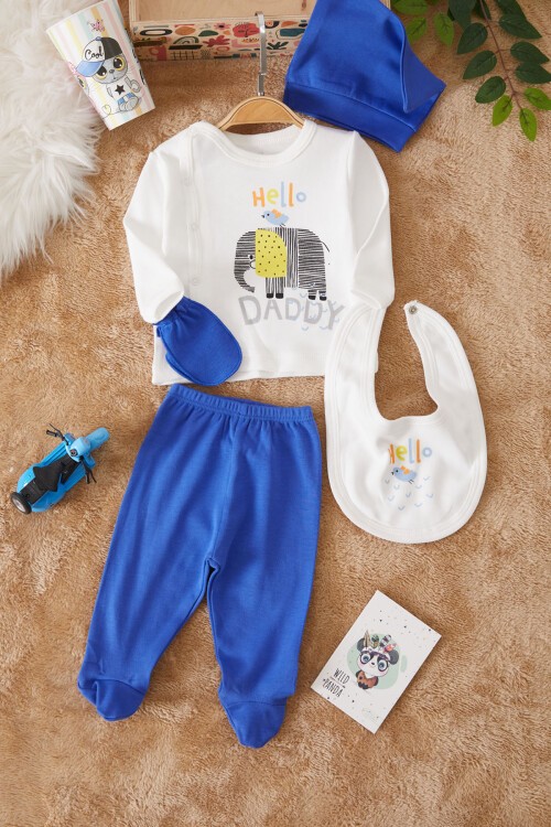 Ekru Fil Baskılı Patikli Erkek Bebek 5li Zıbın Takımı 17505