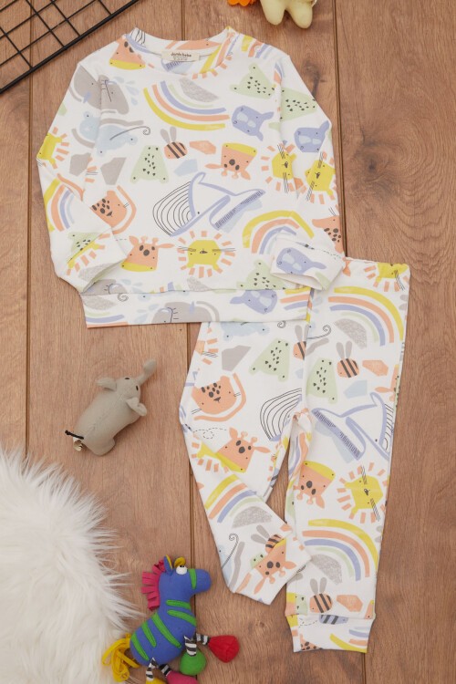 Ekru Hayvan Baskılı Renkli Erkek Bebek Eşofman Takımı 17460