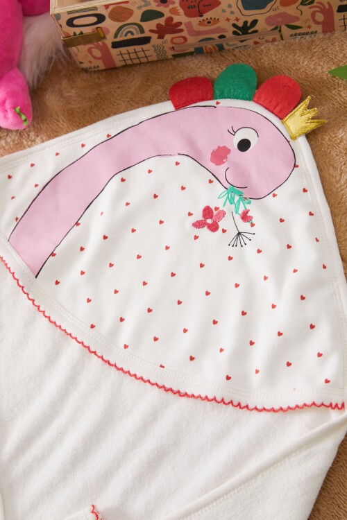 Ekru Kalpli Dino Baskılı Keseli Kız Bebek Havlu 17489