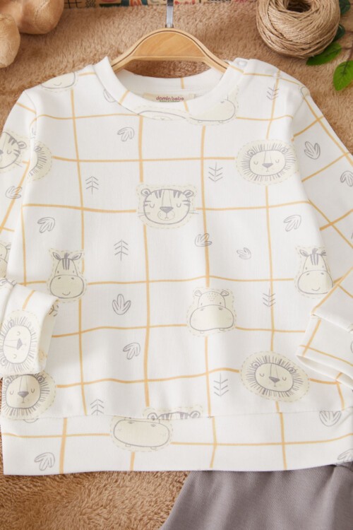 Ekru Kareli Aslan Baskılı Erkek Bebek Eşofman Takımı 17445