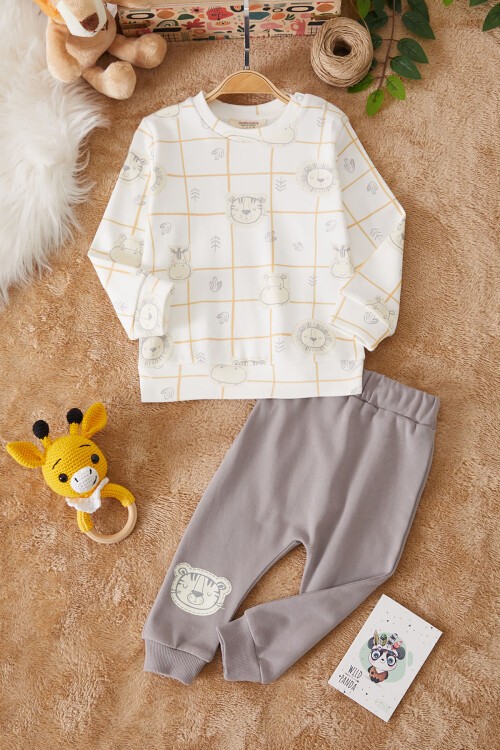 Ekru Kareli Aslan Baskılı Erkek Bebek Eşofman Takımı 17445