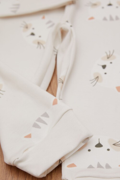 Ekru Kedi Baskılı Çıtçıt Yakalı Kız Bebek Eşofman Takımı 17442