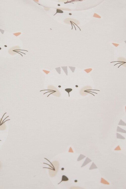 Ekru Kedi Baskılı Çıtçıt Yakalı Kız Bebek Eşofman Takımı 17442