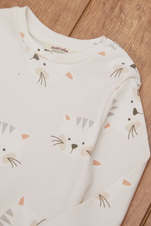 Ekru Kedi Baskılı Çıtçıt Yakalı Kız Bebek Eşofman Takımı 17442