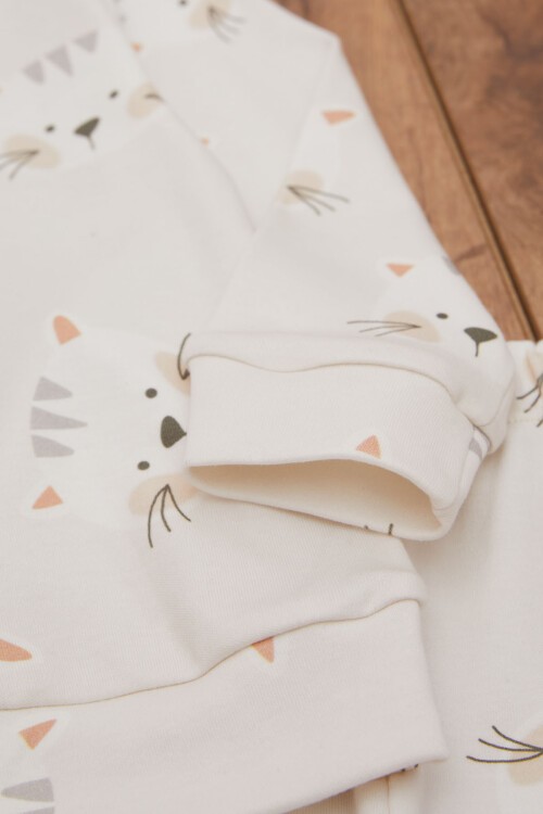 Ekru Kedi Baskılı Çıtçıt Yakalı Kız Bebek Eşofman Takımı 17442