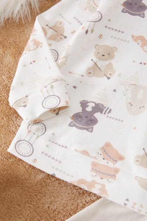 Ekru Sevimli Ayıcıklı Desenli Erkek Bebek Eşofman Takımı 17446