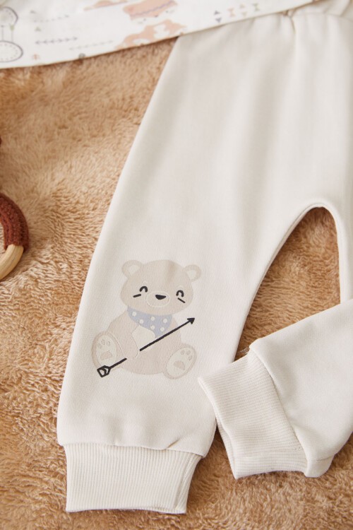 Ekru Sevimli Ayıcıklı Desenli Erkek Bebek Eşofman Takımı 17446