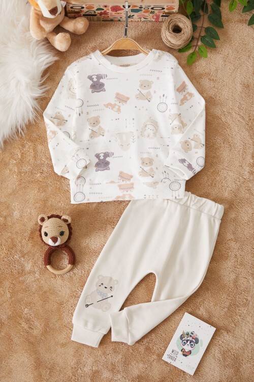 Ekru Sevimli Ayıcıklı Desenli Erkek Bebek Eşofman Takımı 17446