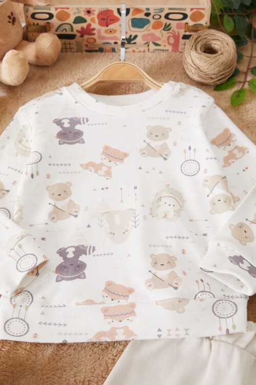 Ekru Sevimli Ayıcıklı Desenli Erkek Bebek Eşofman Takımı 17446