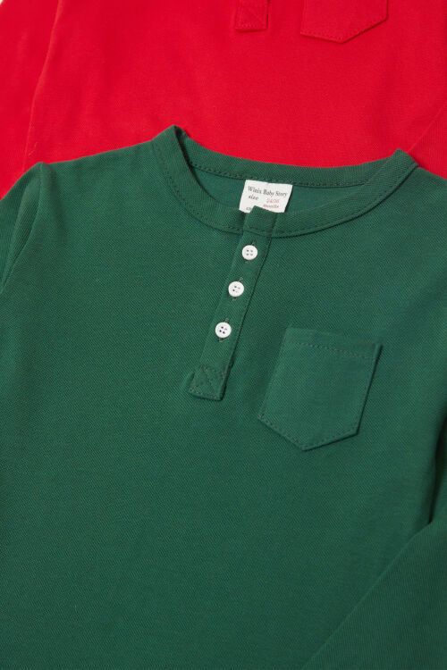 Erkek Bebek Düğmeli Yaka 2li Uzun Kollu Badi Kırmızı-Yeşil 17619