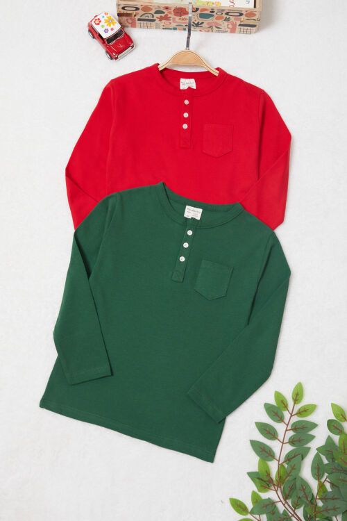 Erkek Bebek Düğmeli Yaka 2li Uzun Kollu Badi Kırmızı-Yeşil 17619
