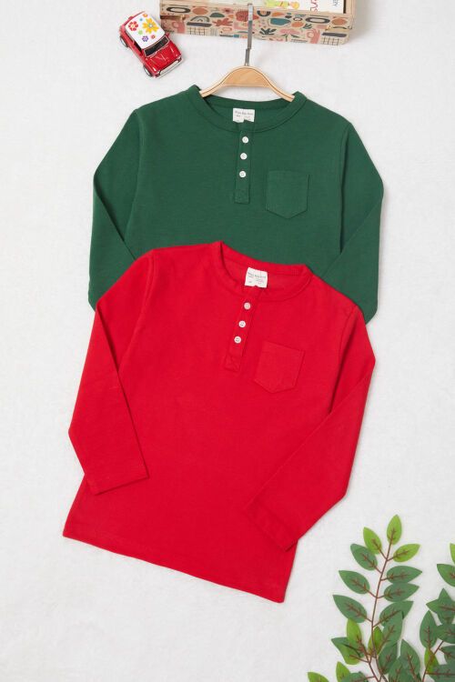 Erkek Bebek Düğmeli Yaka 2li Uzun Kollu Badi Kırmızı-Yeşil 17619