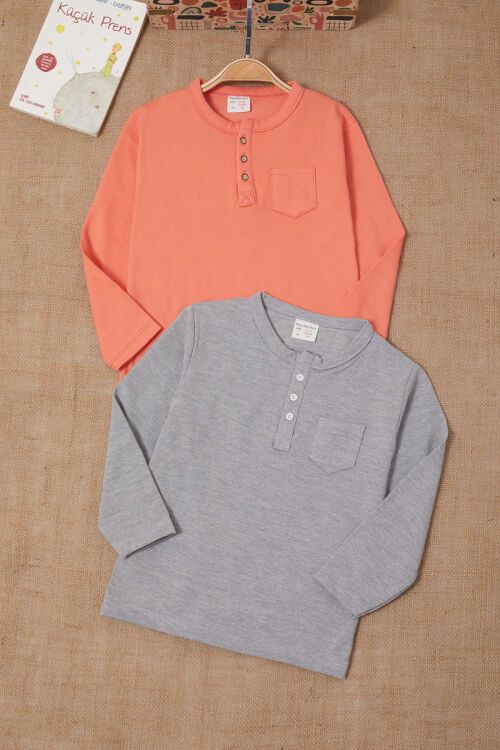 Erkek Bebek Düğmeli Yaka 2li Uzun Kollu Badi Turuncu-Gri 17620