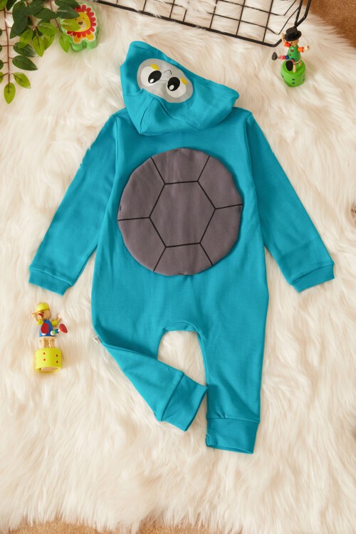 Erkek Bebek Kaplumbağa Baskılı Kapüşonlu Tulum 17494