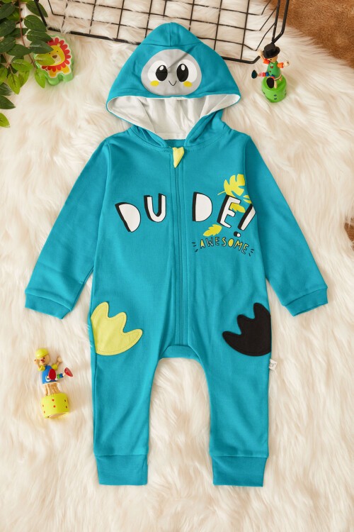 Erkek Bebek Kaplumbağa Baskılı Kapüşonlu Tulum 17494