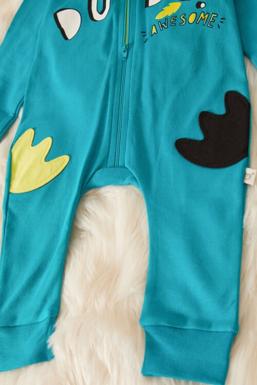 Erkek Bebek Kaplumbağa Baskılı Kapüşonlu Tulum 17494