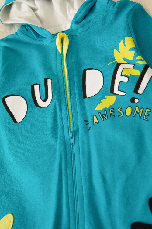 Erkek Bebek Kaplumbağa Baskılı Kapüşonlu Tulum 17494