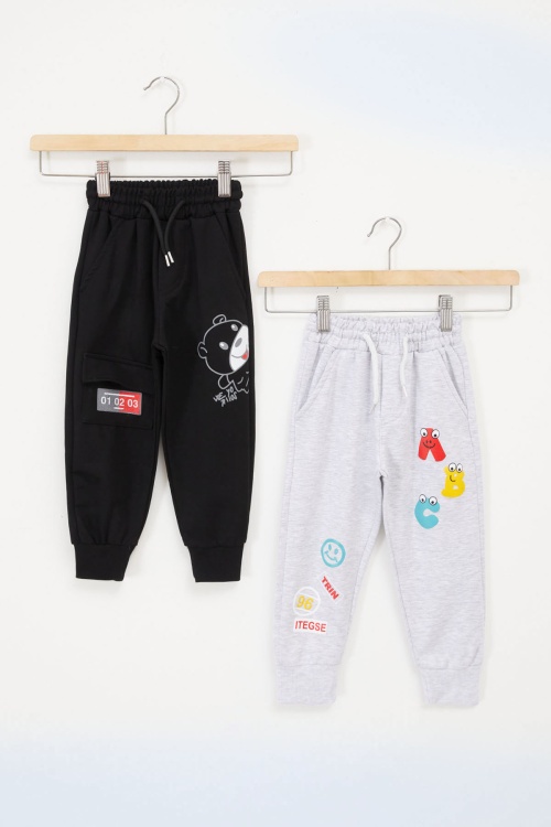 Erkek Çocuk Sevimli Harf Baskılı Ayıcıklı 2li Eşofman Altı Açık Gri-Siyah 17690