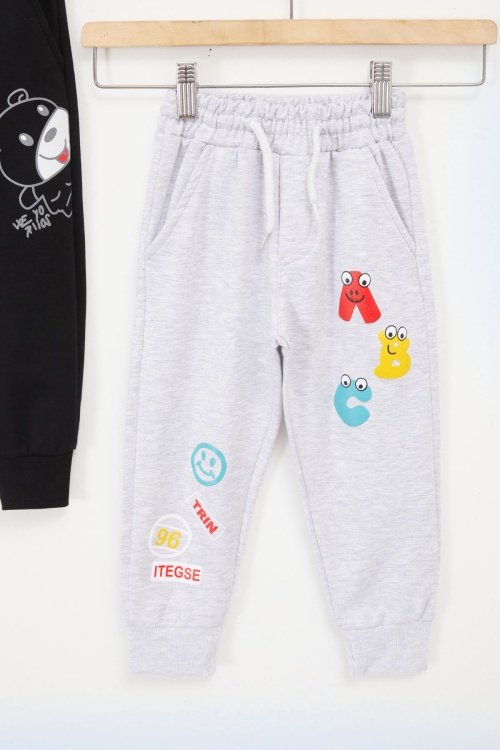 Erkek Çocuk Sevimli Harf Baskılı Ayıcıklı 2li Eşofman Altı Açık Gri-Siyah 17690