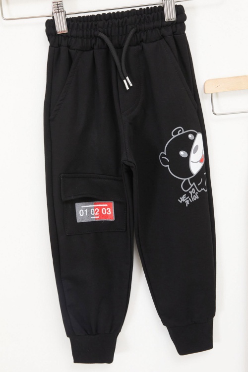 Erkek Çocuk Sevimli Harf Baskılı Ayıcıklı 2li Eşofman Altı Koyu Gri-Siyah 17689