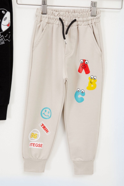 Erkek Çocuk Sevimli Harf Baskılı Ayıcıklı 2li Eşofman Altı Krem-Siyah 17688