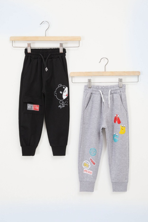 Erkek Çocuk Sevimli Harf Baskılı Ayıcıklı 2li Eşofman Altı Koyu Gri-Siyah 17689