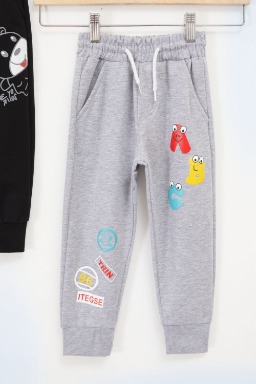 Erkek Çocuk Sevimli Harf Baskılı Ayıcıklı 2li Eşofman Altı Koyu Gri-Siyah 17689