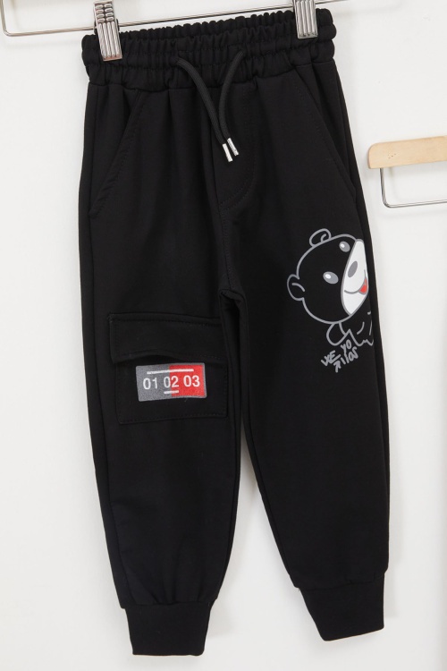 Erkek Çocuk Sevimli Harf Baskılı Ayıcıklı 2li Eşofman Altı Mavi-Siyah 17692