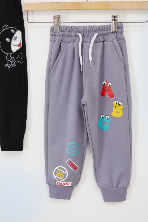 Erkek Çocuk Sevimli Harf Baskılı Ayıcıklı 2li Eşofman Altı Mavi-Siyah 17692