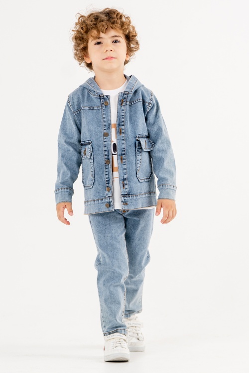 Erkek Çocuk Yazı Baskılı Tişörtlü Kapşonlu Ceketli Mavi Jean Takım 17719