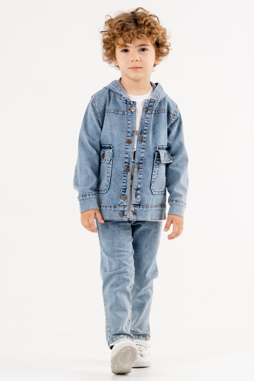 Erkek Çocuk Yazı Baskılı Tişörtlü Kapşonlu Ceketli Mavi Jean Takım 17719