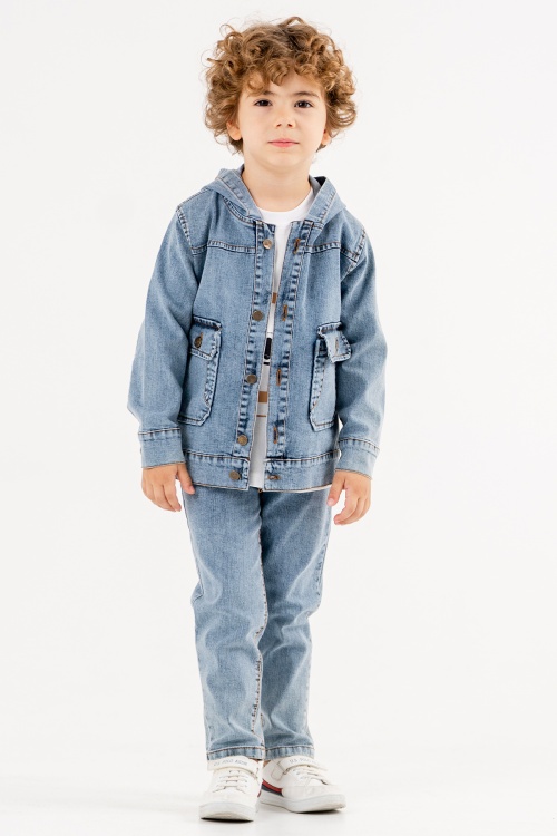 Erkek Çocuk Yazı Baskılı Tişörtlü Kapşonlu Ceketli Mavi Jean Takım 17719