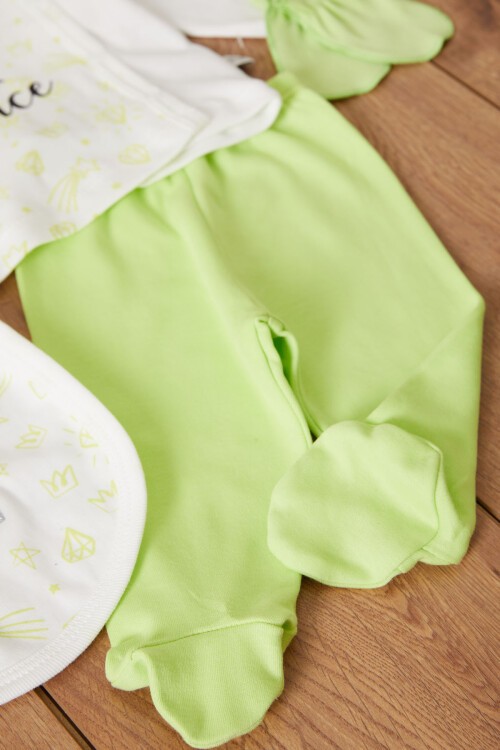 Fıstık Yeşili Prens Baskılı Şapkalı Erkek Bebek 5li Zıbın Takımı 17524