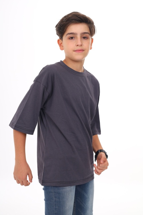 Füme - Beyaz Düz Bisiklet Yaka 2li Erkek Tişört 18043