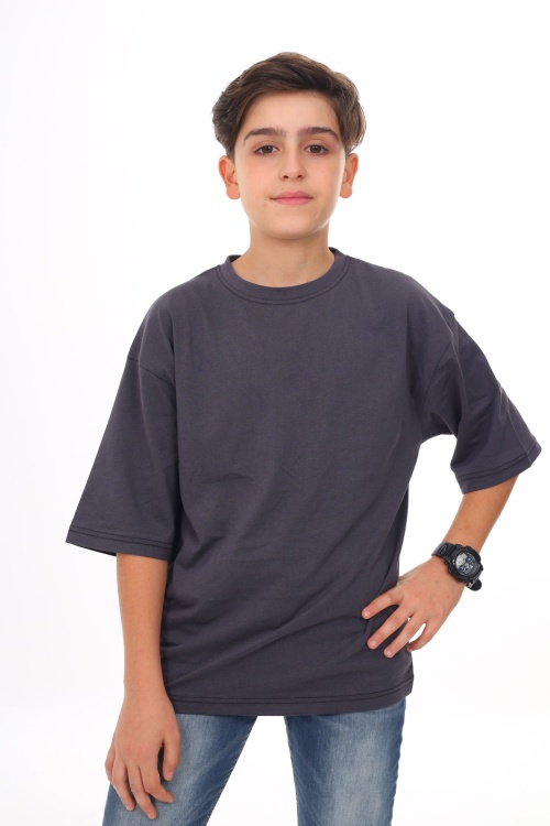 Füme - Beyaz Düz Bisiklet Yaka 2li Erkek Tişört 18043